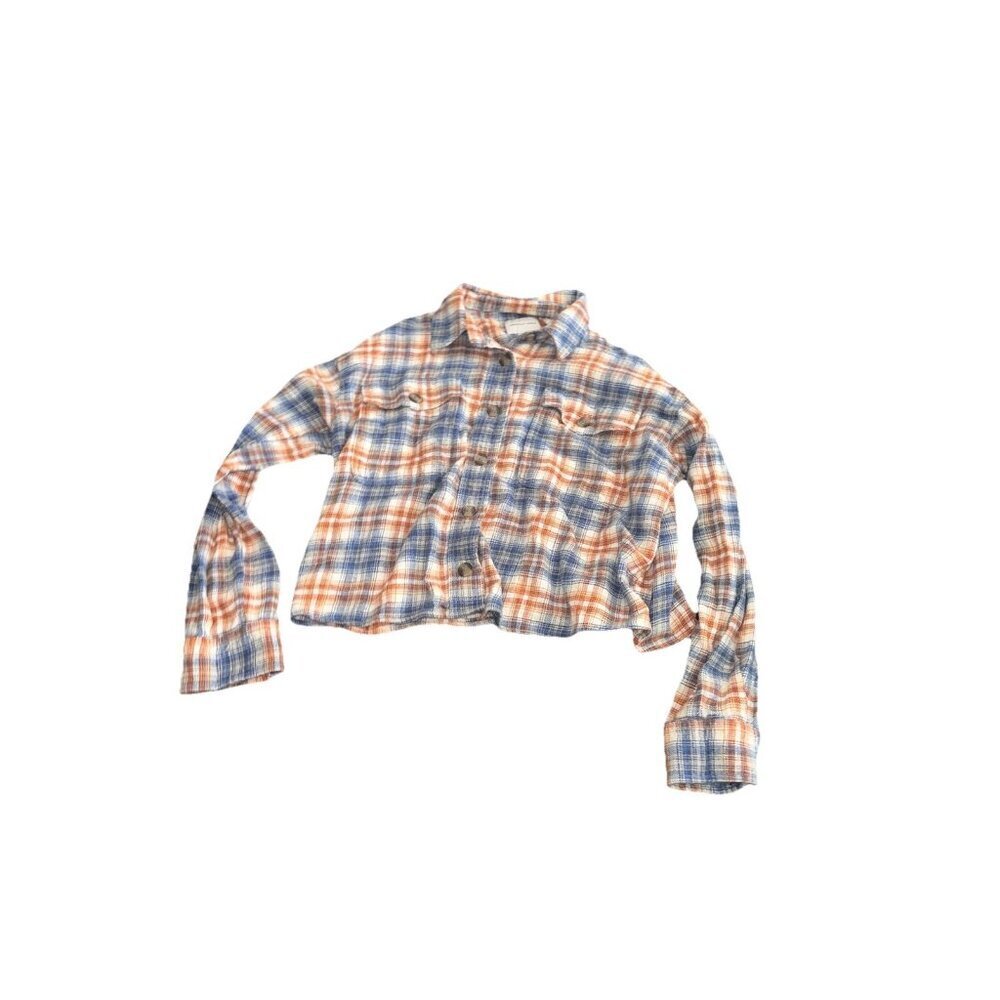 American Eagle Plaid Flannel Cropped Button Up Shirt, Blue Orange Small